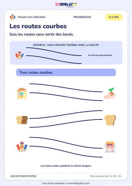 Les routes courbes – activité de tracé précis à imprimer pour les enfants de 3–4 ans