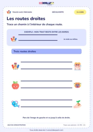 Les routes droites – activité de tracé précis à imprimer pour les enfants de 3–4 ans