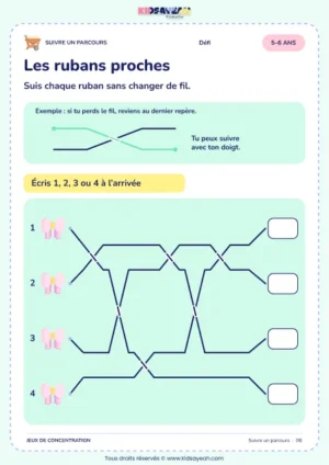 Les rubans proches – parcours visuel à imprimer pour les enfants de 5–6 ans