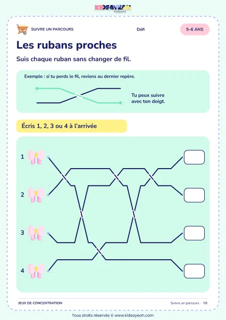 Les rubans proches – parcours visuel à imprimer pour les enfants de 5–6 ans