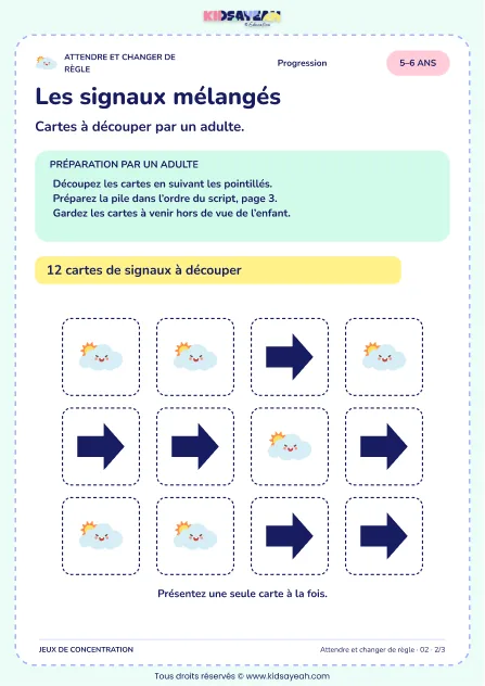Les signaux mélangés – jeu de règles et d’attention à imprimer pour les enfants de 5–6 ans – page 2 : page 2 : 2/3 — Cartes