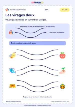 Les virages doux – activité de tracé précis à imprimer pour les enfants de 3–4 ans