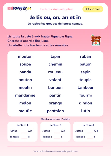 lire 24 mots avec ou, on, an et in au CE1 — aperçu de la fiche CE1 à imprimer