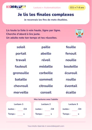 lire 24 mots en ail, eil, euil et ouil au CE1 — aperçu de la fiche CE1 à imprimer