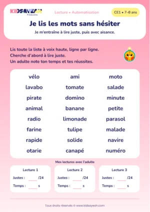 lire 24 mots simples au CE1 avec suivi des progrès — aperçu de la fiche CE1 à imprimer