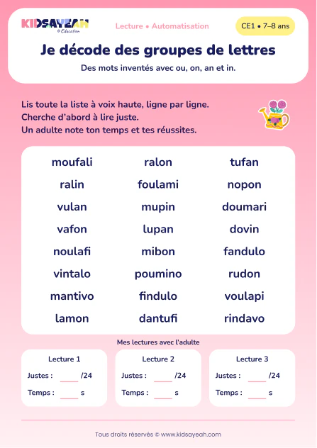 lire 24 pseudo-mots avec ou, on, an et in au CE1 — aperçu de la fiche CE1 à imprimer