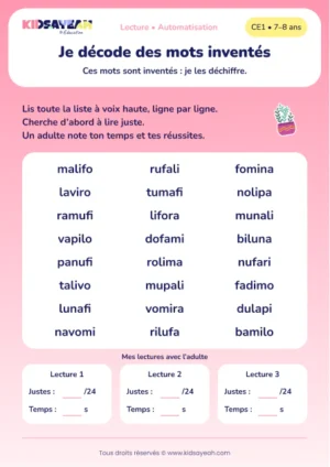 lire 24 pseudo-mots simples au CE1 avec suivi — aperçu de la fiche CE1 à imprimer