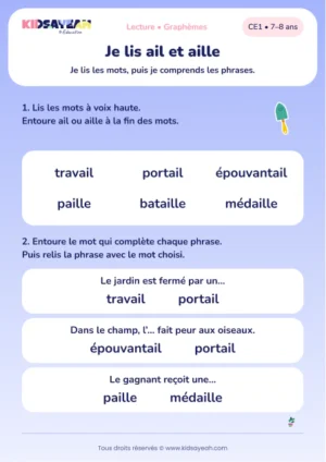 lire ail et aille avec portail, épouvantail et médaille au CE1 — aperçu de la fiche CE1 à imprimer