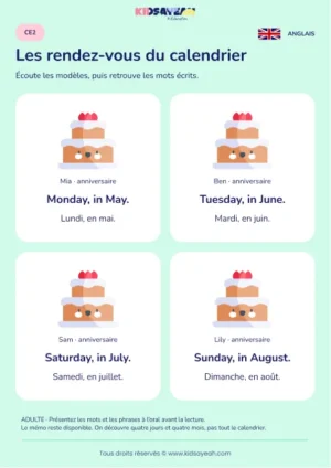Lire des rendez-vous jour mois en anglais au CE2 — leçon illustrée