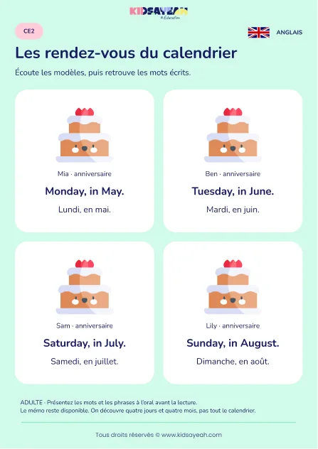 Lire des rendez-vous jour mois en anglais au CE2 — leçon illustrée