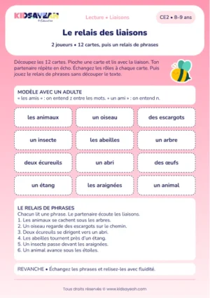 lire douze cartes et six phrases avec les liaisons au CE2 — aperçu de la fiche CE2 à imprimer