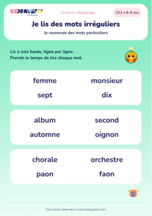 lire douze mots irréguliers avec femme et monsieur au CE2 — aperçu de la fiche CE2 à imprimer