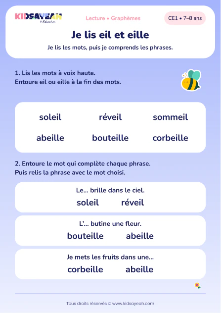 lire eil et eille avec soleil, abeille et corbeille au CE1 — aperçu de la fiche CE1 à imprimer