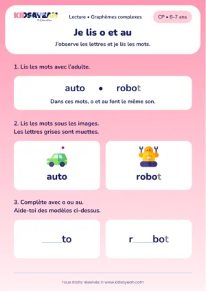 Lire et compléter auto et robot avec au ou o au CP — aperçu de la fiche à imprimer
