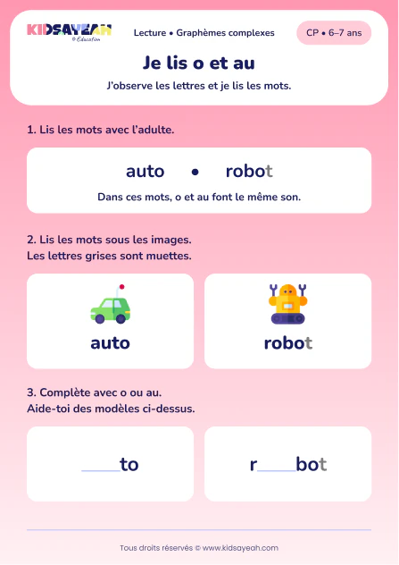 Lire et compléter auto et robot avec au ou o au CP — aperçu de la fiche à imprimer