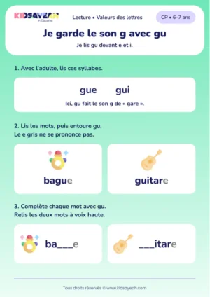 Lire et compléter bague et guitare avec gu au CP — aperçu de la fiche à imprimer