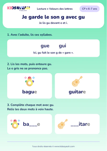 Lire et compléter bague et guitare avec gu au CP — aperçu de la fiche à imprimer