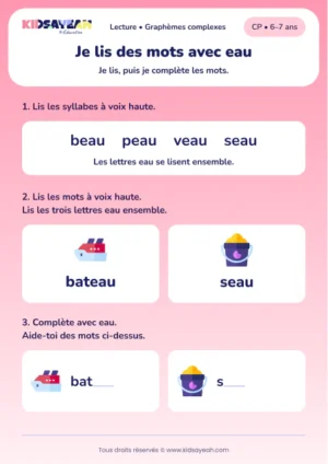 Lire et compléter bateau et seau avec eau au CP — aperçu de la fiche à imprimer