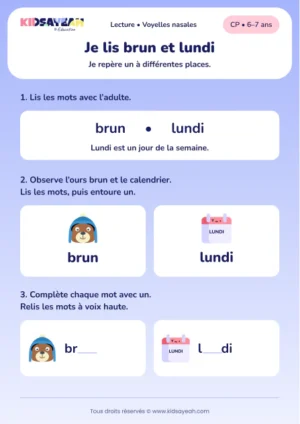 Lire et compléter brun et lundi avec un au CP — aperçu de la fiche à imprimer