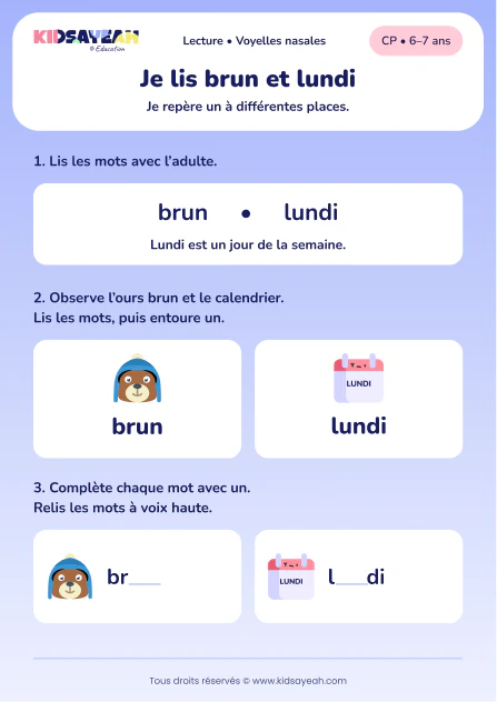Lire et compléter brun et lundi avec un au CP — aperçu de la fiche à imprimer