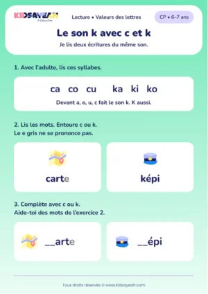 Lire et compléter carte et képi avec c ou k au CP — aperçu de la fiche à imprimer