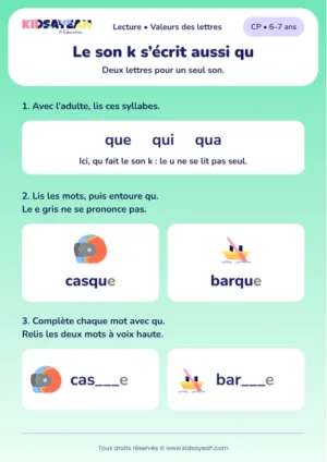 Lire et compléter casque et barque avec qu au CP — aperçu de la fiche à imprimer