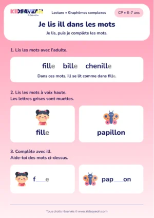 Lire et compléter fille et papillon avec ill au CP — aperçu de la fiche à imprimer