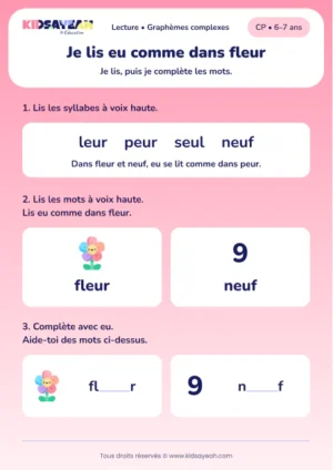 Lire et compléter fleur et neuf avec eu au CP — aperçu de la fiche à imprimer