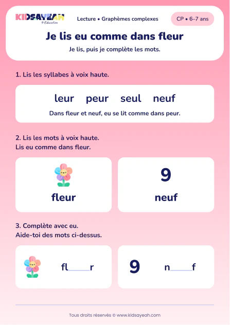 Lire et compléter fleur et neuf avec eu au CP — aperçu de la fiche à imprimer