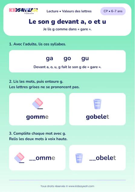 Lire et compléter gomme et gobelet avec g au CP — aperçu de la fiche à imprimer