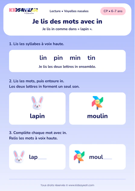 Lire et compléter lapin et moulin avec in au CP — aperçu de la fiche à imprimer