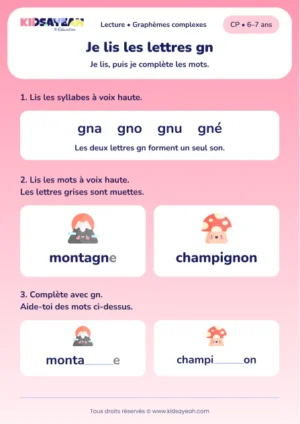 Lire et compléter montagne et champignon avec gn au CP — aperçu de la fiche à imprimer