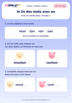 Lire et compléter mouton et cochon avec on au CP — aperçu de la fiche à imprimer