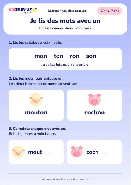 Lire et compléter mouton et cochon avec on au CP — aperçu de la fiche à imprimer
