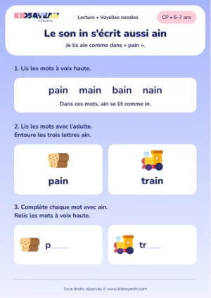 Lire et compléter pain et train avec ain au CP — aperçu de la fiche à imprimer