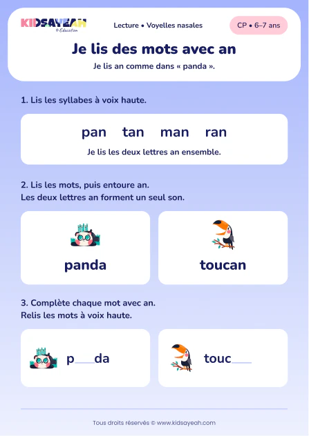 Lire et compléter panda et toucan avec an au CP — aperçu de la fiche à imprimer
