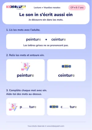 Lire et compléter peinture et ceinture avec ein au CP — aperçu de la fiche à imprimer