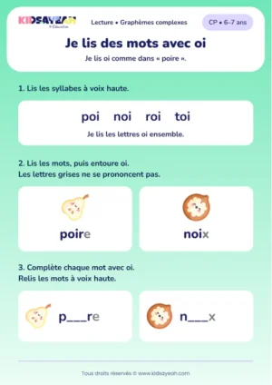 Lire et compléter poire et noix avec oi au CP — aperçu de la fiche à imprimer
