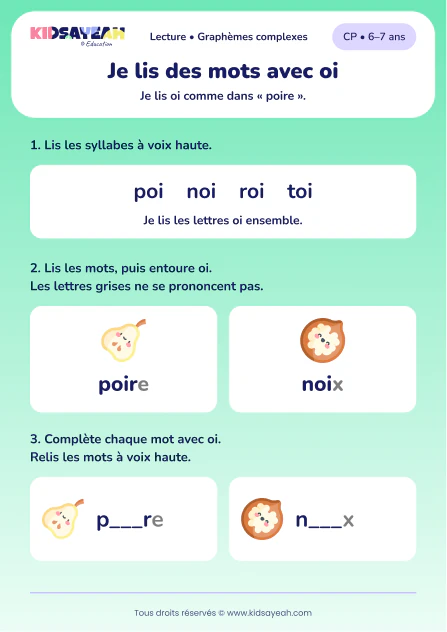 Lire et compléter poire et noix avec oi au CP — aperçu de la fiche à imprimer