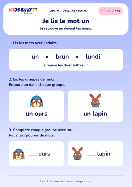 Lire et compléter un ours et un lapin au CP — aperçu de la fiche à imprimer