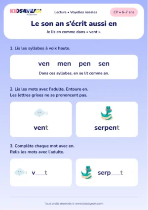 Lire et compléter vent et serpent avec en au CP — aperçu de la fiche à imprimer