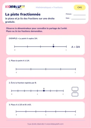 Lire et placer des quarts et des tiers sur une droite au CM1 : aperçu de la fiche La piste fractionnée
