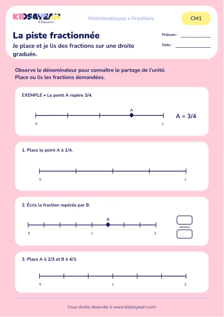 Lire et placer des quarts et des tiers sur une droite au CM1 : aperçu de la fiche La piste fractionnée
