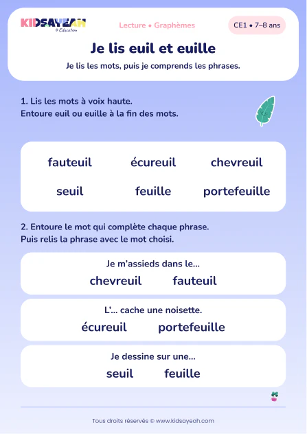 lire euil et euille avec fauteuil, écureuil et feuille au CE1 — aperçu de la fiche CE1 à imprimer