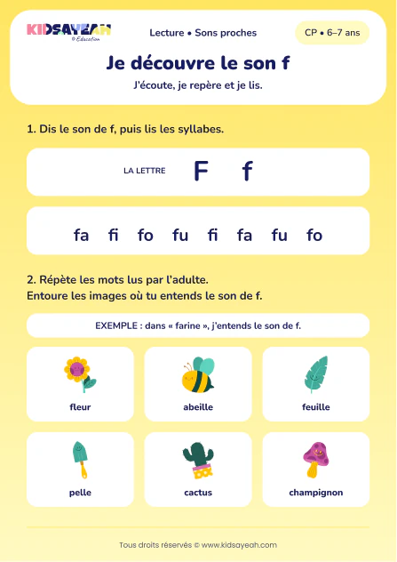 lire fa, fi, fo, fu et repérer le son f au CP — fiche CP à imprimer
