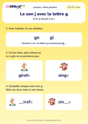 lire g devant e et i avec girafe et singe au CP — fiche CP à imprimer