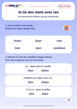 lire ien et choisir chien, lien ou rien dans les phrases au CE1 — aperçu de la fiche CE1 à imprimer