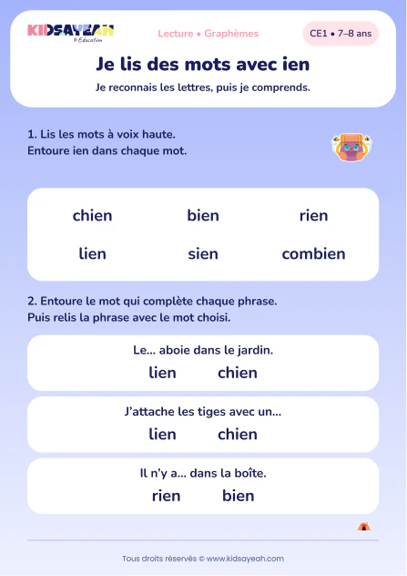 lire ien et choisir chien, lien ou rien dans les phrases au CE1 — aperçu de la fiche CE1 à imprimer