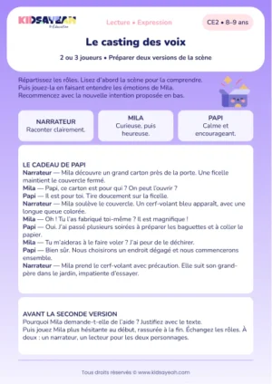 lire Le cadeau de Papi avec narrateur et personnages au CE2 — aperçu de la fiche CE2 à imprimer