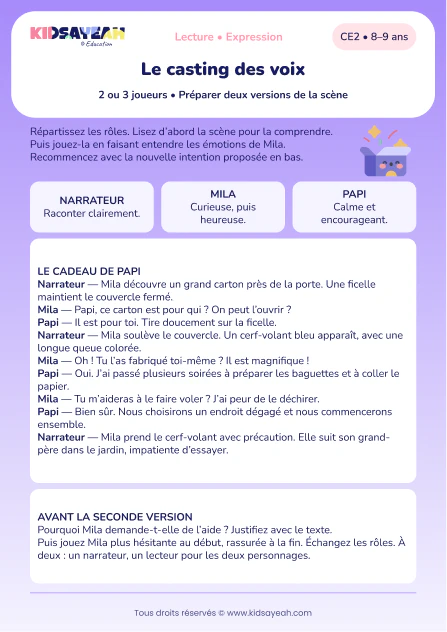 lire Le cadeau de Papi avec narrateur et personnages au CE2 — aperçu de la fiche CE2 à imprimer